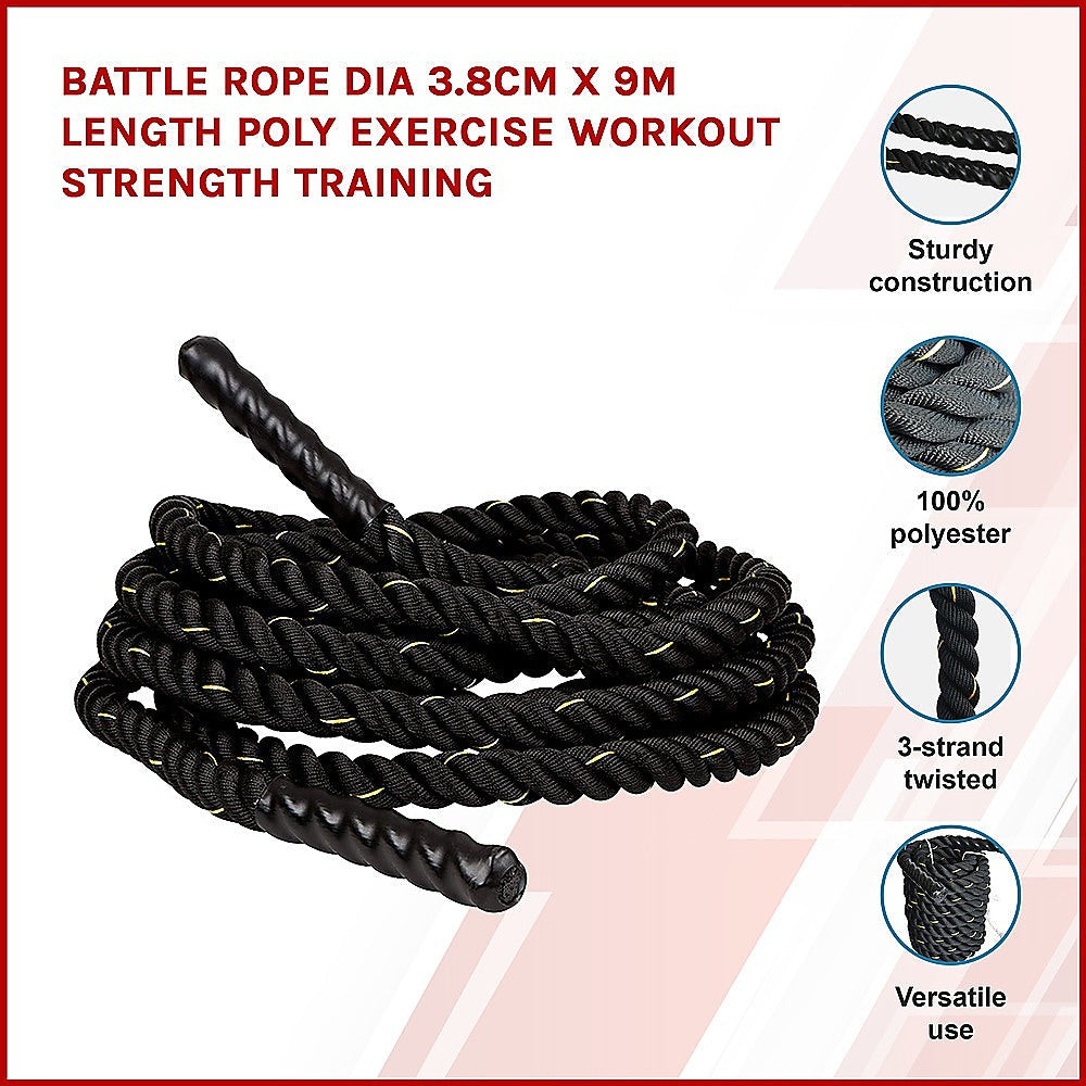 Sports & Fitness > Fitness Accessories - Battle Rope Dia 3.8cm X 9M Length Poly Exercise Workout Strength Training