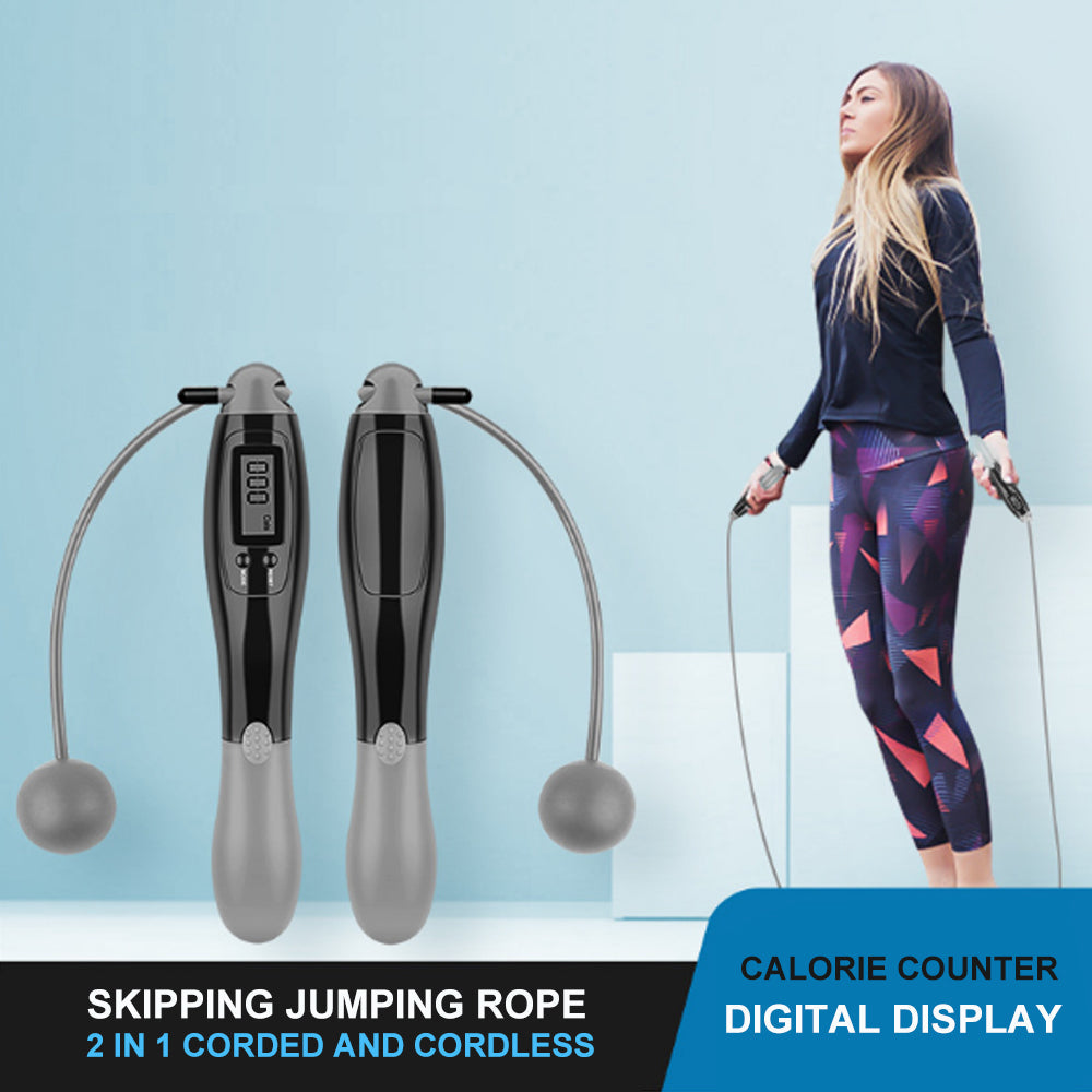 Sports & Fitness > Fitness Accessories - Digital Display Corded & Cordless 2 In 1 Fitness Skipping Jumping Rope(Grey)