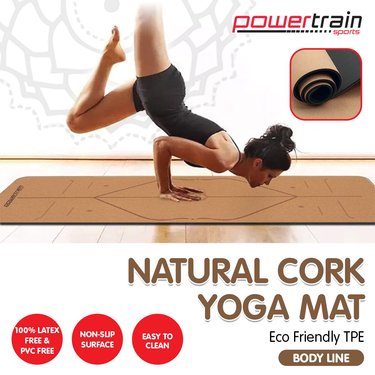 Sports & Fitness > Fitness Accessories - Powertrain Cork Yoga Mat With Carry Straps Home Gym Pilates - Body Line