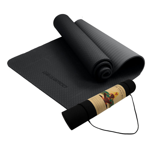 Sports & Fitness > Fitness Accessories - Powertrain Eco-friendly Dual Layer 6mm Yoga Mat | Midnight | Non-slip Surface And Carry Strap For Ultimate Comfort And Portability