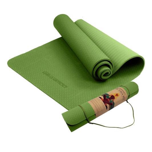 Sports & Fitness > Fitness Accessories - Powertrain Eco-friendly Dual Layer 6mm Yoga Mat | Olive | Non-slip Surface And Carry Strap For Ultimate Comfort And Portability