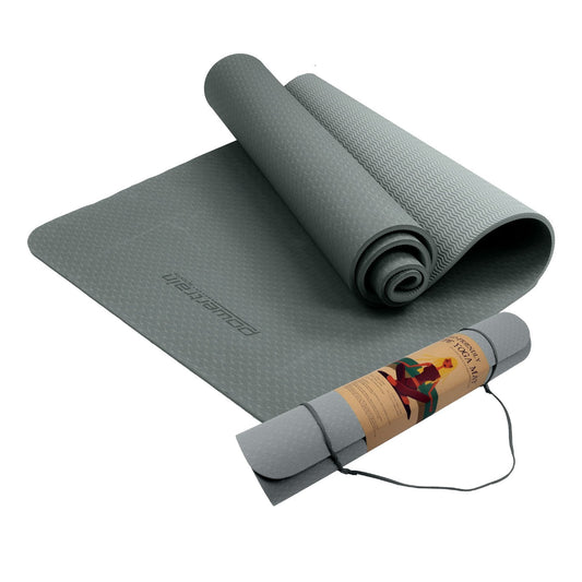 Sports & Fitness > Fitness Accessories - Powertrain Eco-friendly Dual Layer 6mm Yoga Mat | Slate Grey | Non-slip Surface And Carry Strap For Ultimate Comfort And Portability