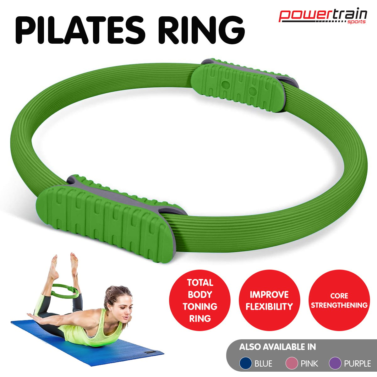Sports & Fitness > Fitness Accessories - Powertrain Pilates Ring Band Yoga Home Workout Exercise Band Green